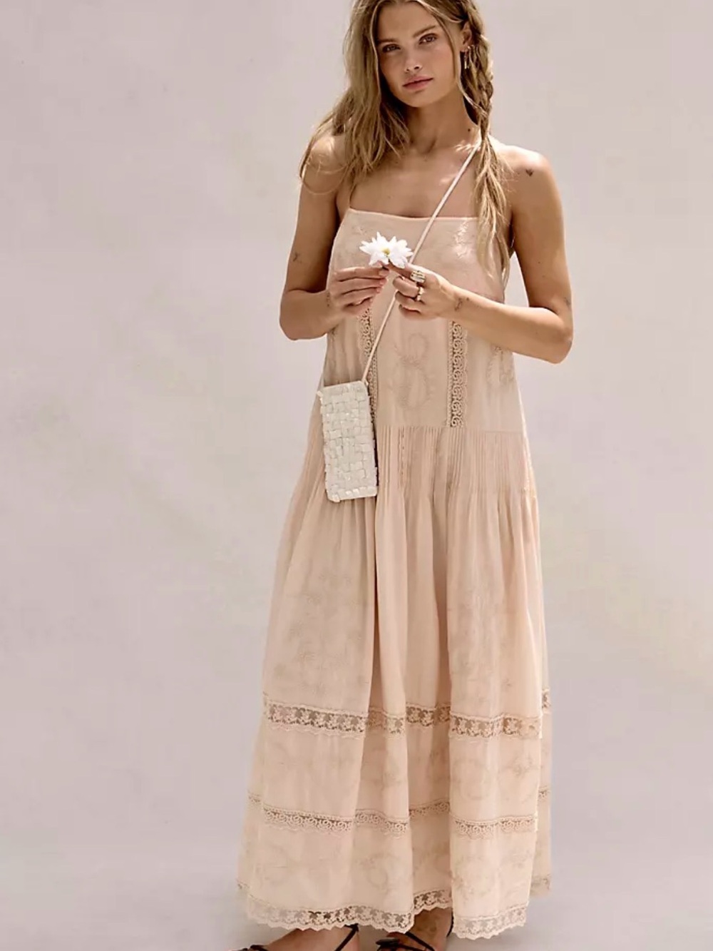 Free People Solana Daydreamer Midi Maxi Dress Pink Boho Tiered Smocked Lace L